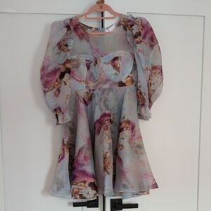 Blue and Purple Floral Midi Dress with Ruffled High Collar